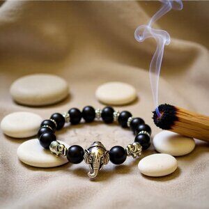 Chunky Black Stone Elephant Bracelet • Strength Wisdom Feminine Leadership